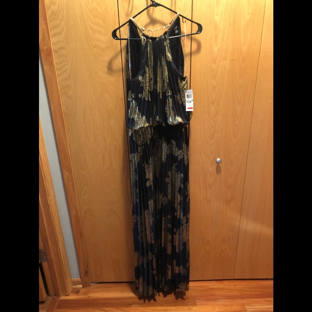 NWT MSK Navy and Gold Flow Length Dress